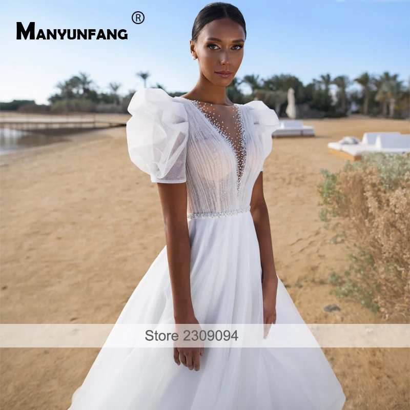 Robe Éducative pour Mariée, Manches Lanternes, Ceinture de Perles, Longue, Plage, Grande Taille