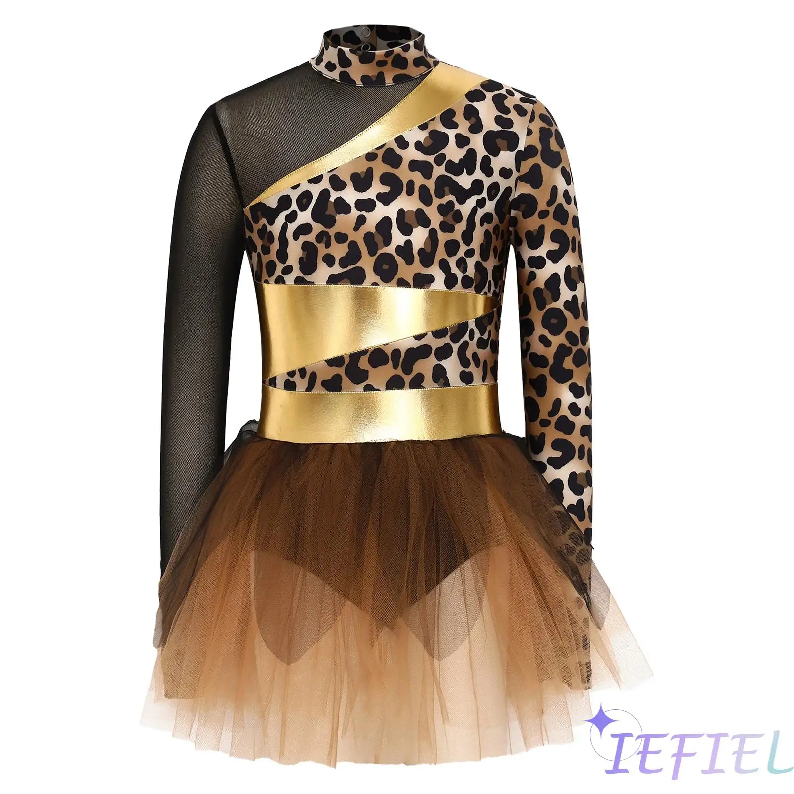 

Cave Prehistoric Themed Ballet Dress for Girls Metallic Gloss Patchwork Long Sleeve Mesh Tutu Dress Lyrical Modern Dance Dress