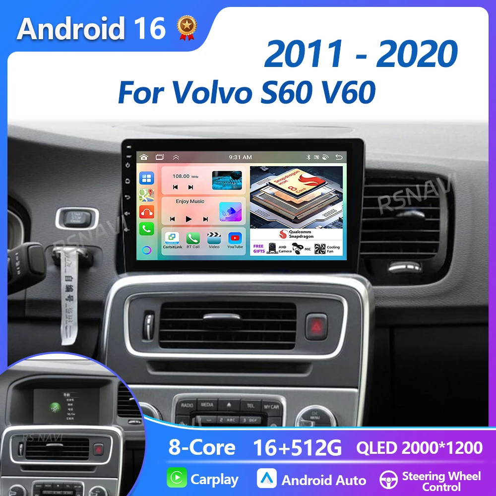 Plug and Play Android 16 For Volvo S60 V60 2011-2013 2014-2020 Carplay Auto Screen Car Radio Multimedia Player Autoradio Stereo