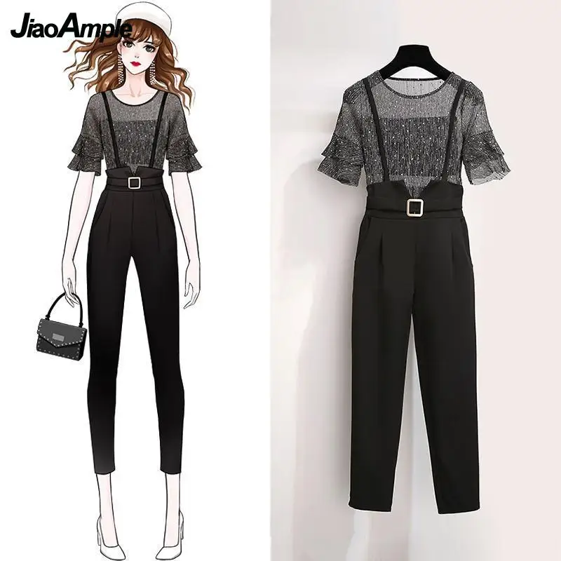 2022 Summer New Short Sleeve Top Overalls Two Piece Women Elegant Blouse Pants Suit Korean Fashion High Waist Trousers Set