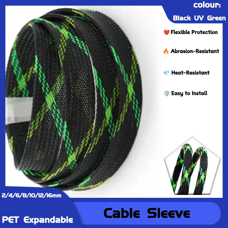 

2/4/6/8/10/12/16mm High Density Sleeving Snake Skin Cable Wrap Sheath For Electric Cables 1~50m Black UV Yellow PET Braid Sleeve