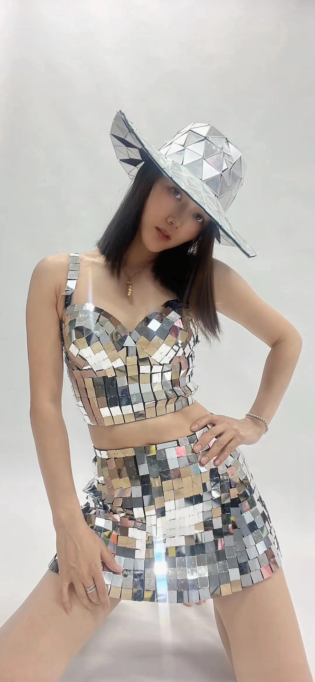 3 Pieces Set Women Silver Mirrors Bra Shorts Dress Sequins Dance Costume Nightclub Outfit Show Wear