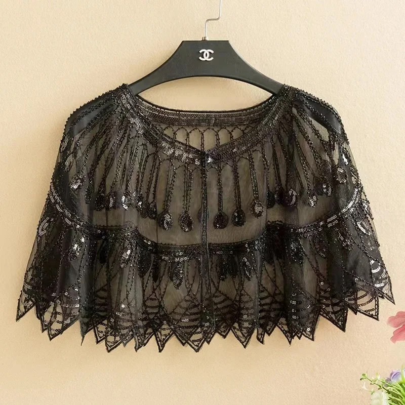 Leaf Shape Ruffle Shawl Elegant Sequin Embroidery Vintage Cape Mesh Short Cardigant Trend Dress Accessories For Party Prom