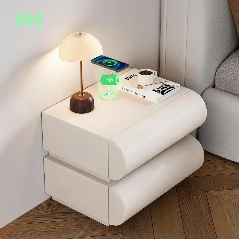 

Smart Nightstand Modern White Leather Nightstands with Wireless Charger Bedside Table with 2 Drawers