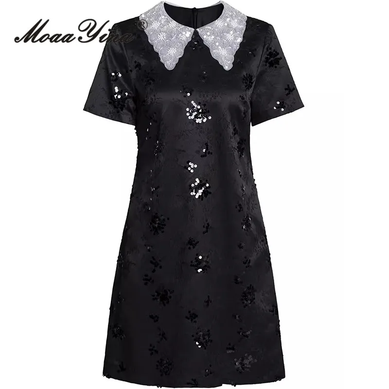 

MoaaYina Summer Women's Dress Short-Sleeved Peter Pan Collar Beading Sequins Elegant Gorgeous Mini Dresses