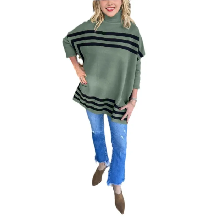 سترات نسائية مخططة بياقة مدورة وأكمام تشبه جناح الخفّاش بلوفرات علوية متماسكة غير رسمية للمكتب سيدة أنيقة لخريف وشتاء 2025