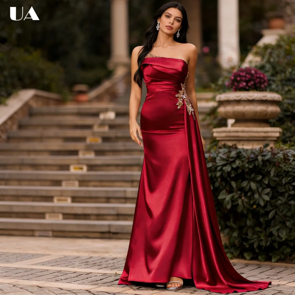 

ULBYANRY Customized Satin Mermaid Prom Dress with Spaghetti Strap Sparkly Rhinestone Draped Party Dress Vintage Sleeveless Dress