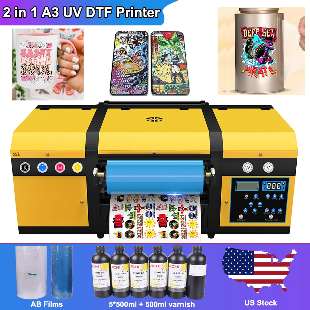 A3 UV DTF Printer 2 in 1 Sticker Printer Transfer Stickers Dual XP600 Print Head for Mug Cap Wood Glass UV DTF Printing Machine