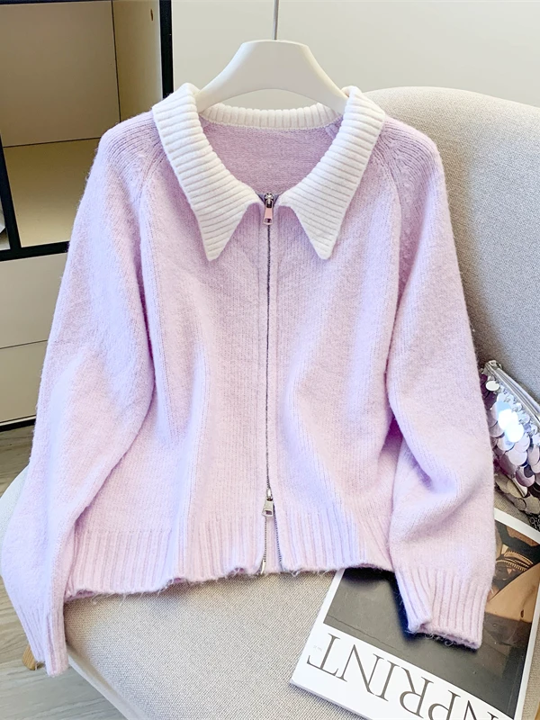 

Korean Japanese High End Knitted Open Cardigan Women's plus Size Double Zipper Collar Elegance Sweater Commute Sle Long Sve