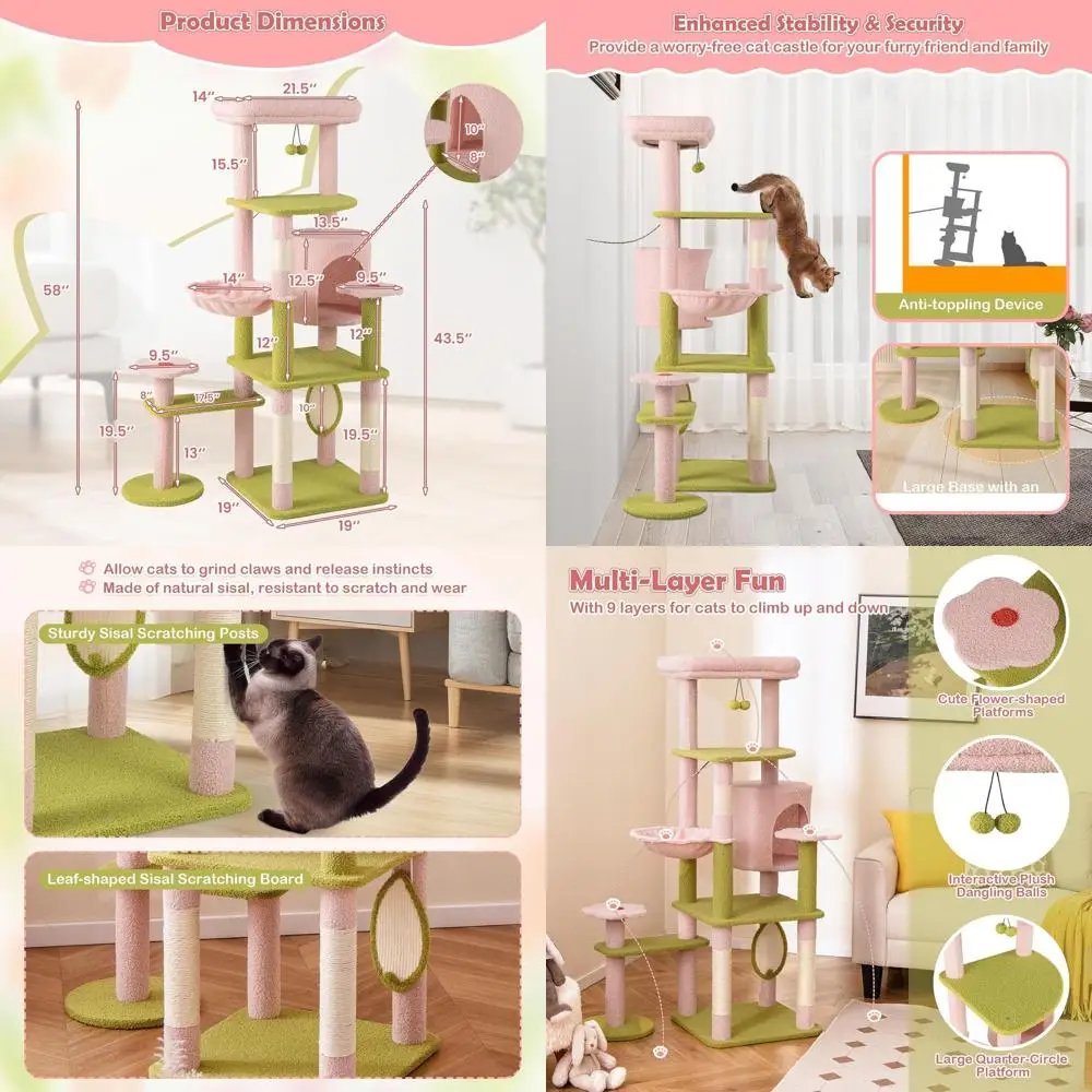

58 Tall Pink Cat Tower with Plush Top, Hammock, Scratching Posts, and Dangling Balls
