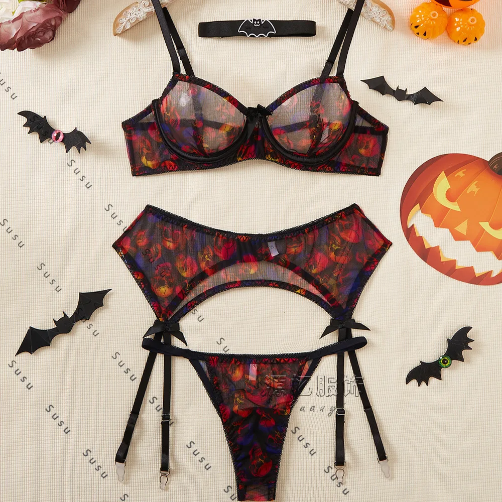 

Halloween sexy underwear four-piece set skull print bat neck set suspenders set European and American new 2025 new