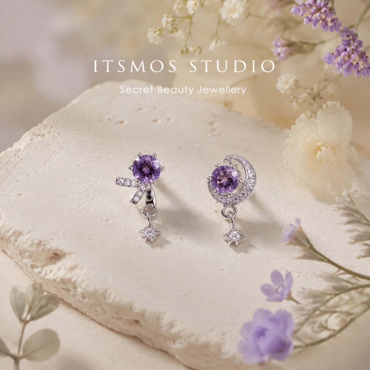ITSMOS Natürliche Amethyst-Asymmetrische Ohrringe Schleife Mond Stern Tropfen Heilkristall Coquette Fairycore Ästhetischer Schmuck für Frauen