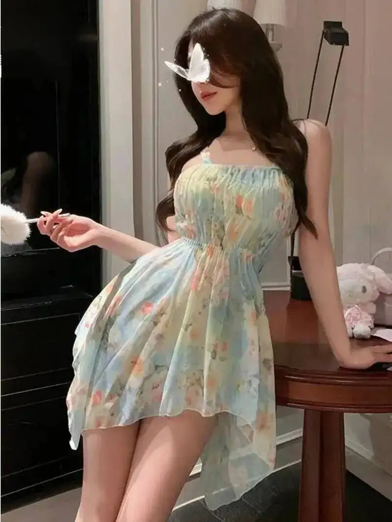 เดรสสั้นสีเขียวหวาน แต่งโบว์น่ารัก สไตล์สาวหวาน ลายดอกไม้ คอวีลึก ดีไซน์หรูหรา ผ้าบางเบา เหมาะกับฤดูร้อน เสื้อผ้าผู้หญิงสไตล์เกาหลี RQE8