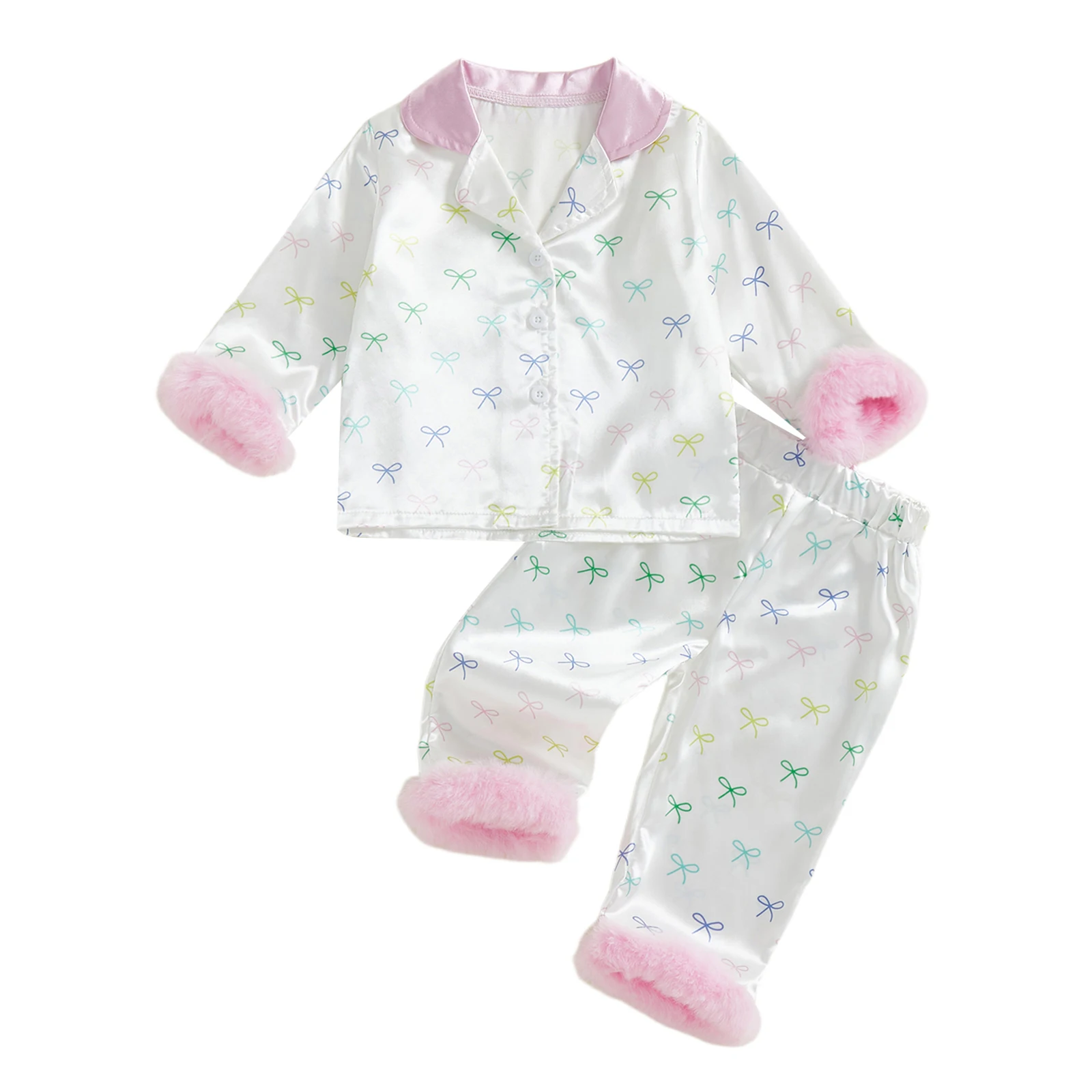 

Toddler Girl Fall Satin Pajamas Set Bow Print Lapel Long Sleeve Button Down Tops with Pants Feather Cuffs Sleepwear