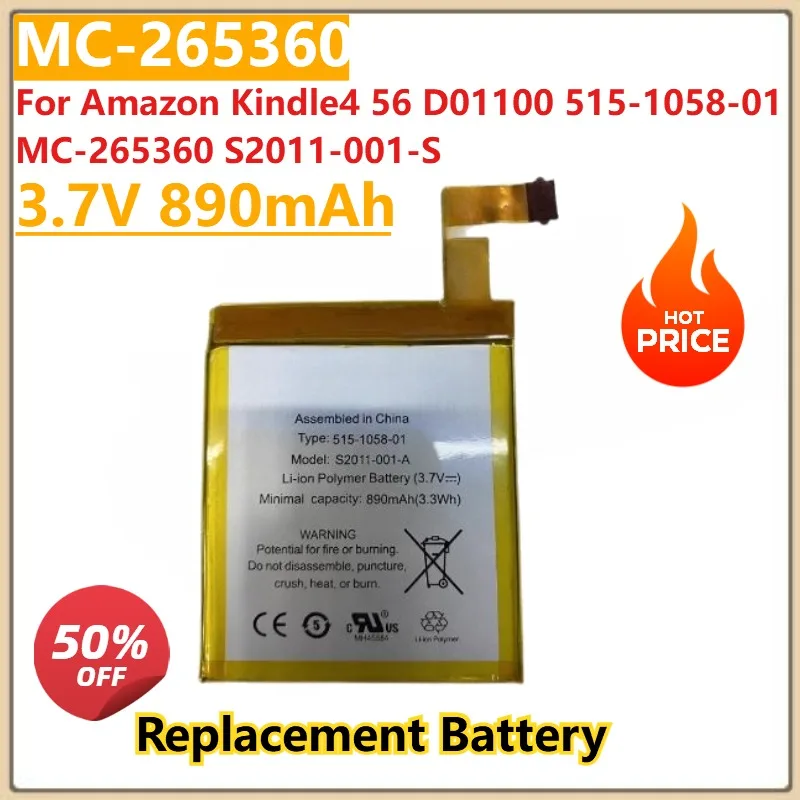 

MC-265360 Battery 3.7V 890mAh for Amazon Kindle4 56 D01100 515-1058-01 MC-265360 S2011-001-S Brand New High Quality