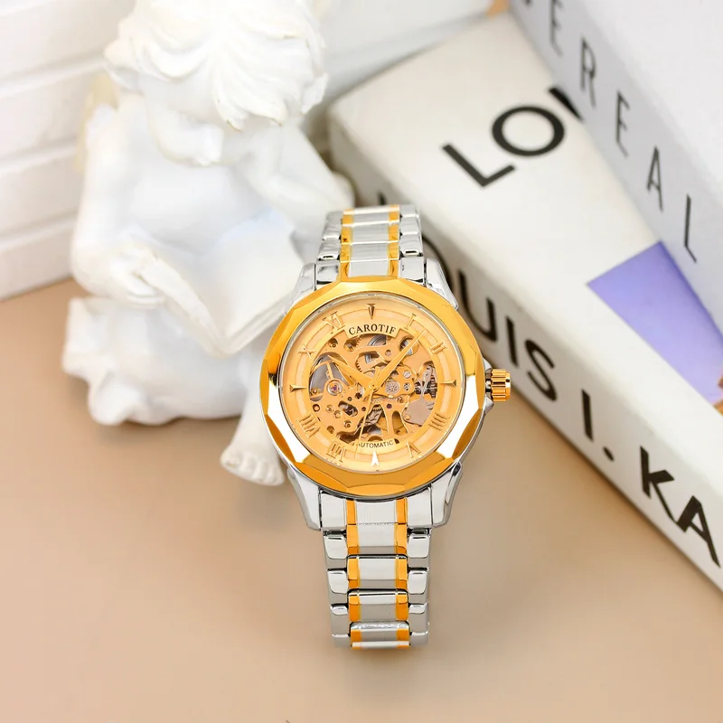 

Мужские двухцветные золотые механические автоматические часы со стрелкой в деловом стиле из нержавеющей стали с граненым краем.