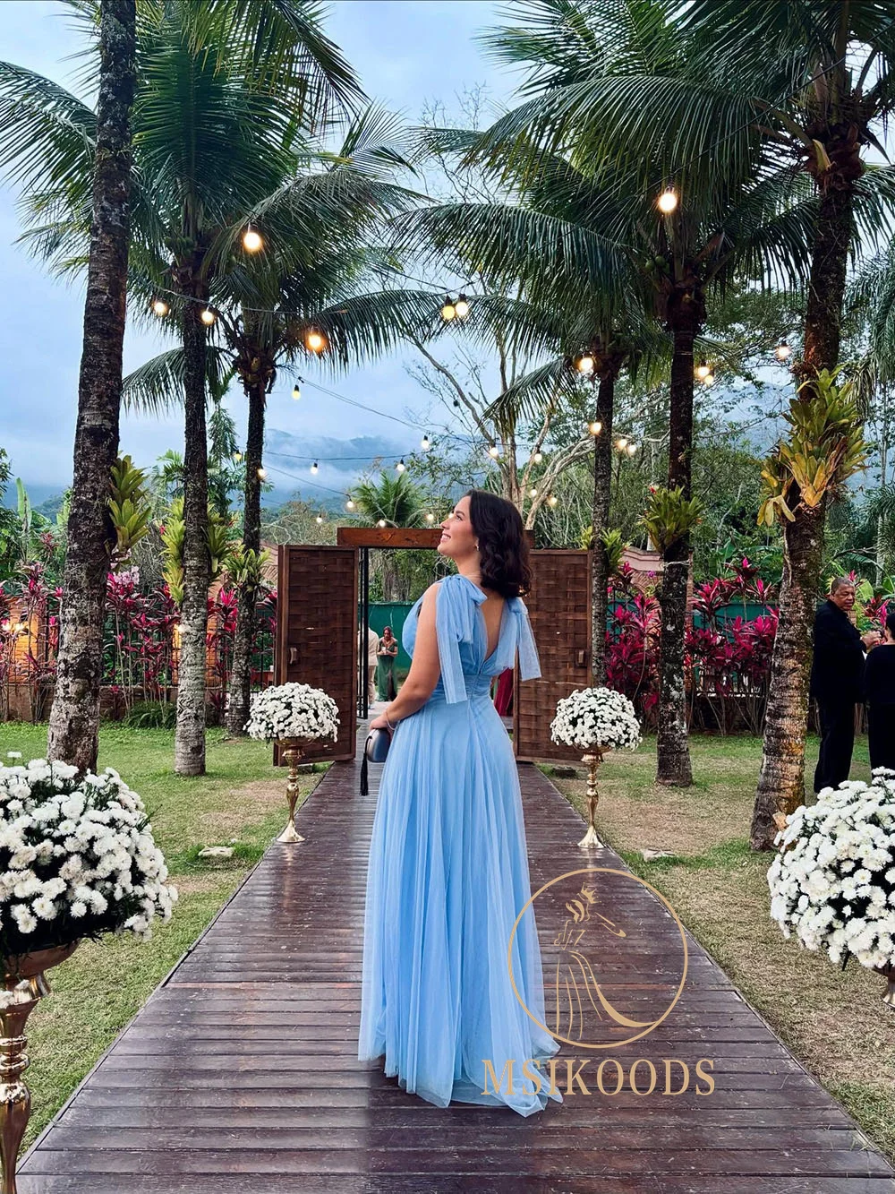 Msikoods Blue Tulle Evening Dresses Sleeveless V Neck Bridesmaid Gown Floor Length Wedding Guest Dress Party Gown Customized