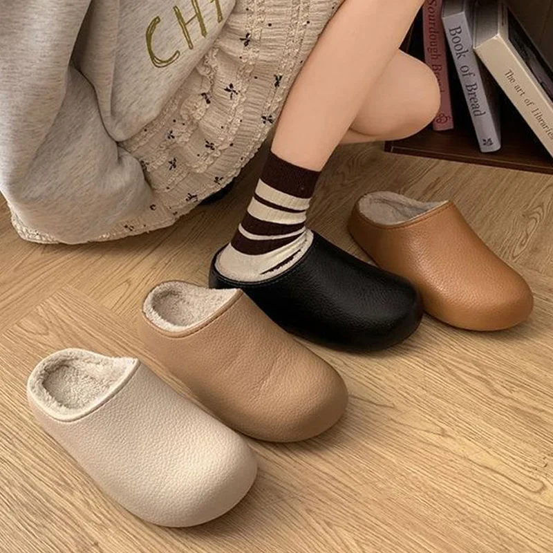 Winter Warm Fluffy Slippers Women Waterproof Non Slip Plush Garden Shoes Soft Thick Bottom Home Slides Indoor Cotton Slippers