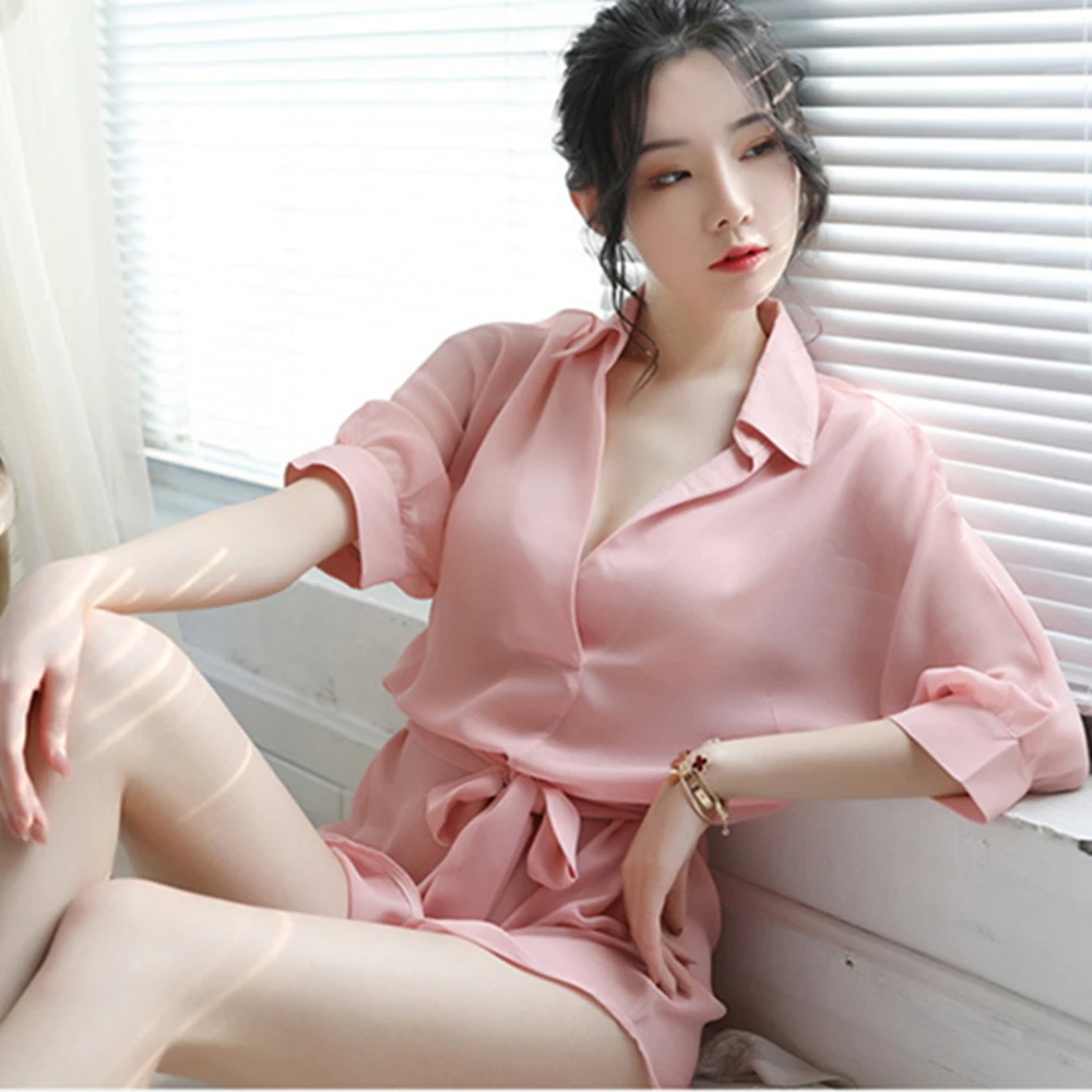 New Pure Lust  Casual Fashion Boyfriend Style Women\'s Shirt Dress Chiffon Solid Color Sexy Sleepwear Pajama Set