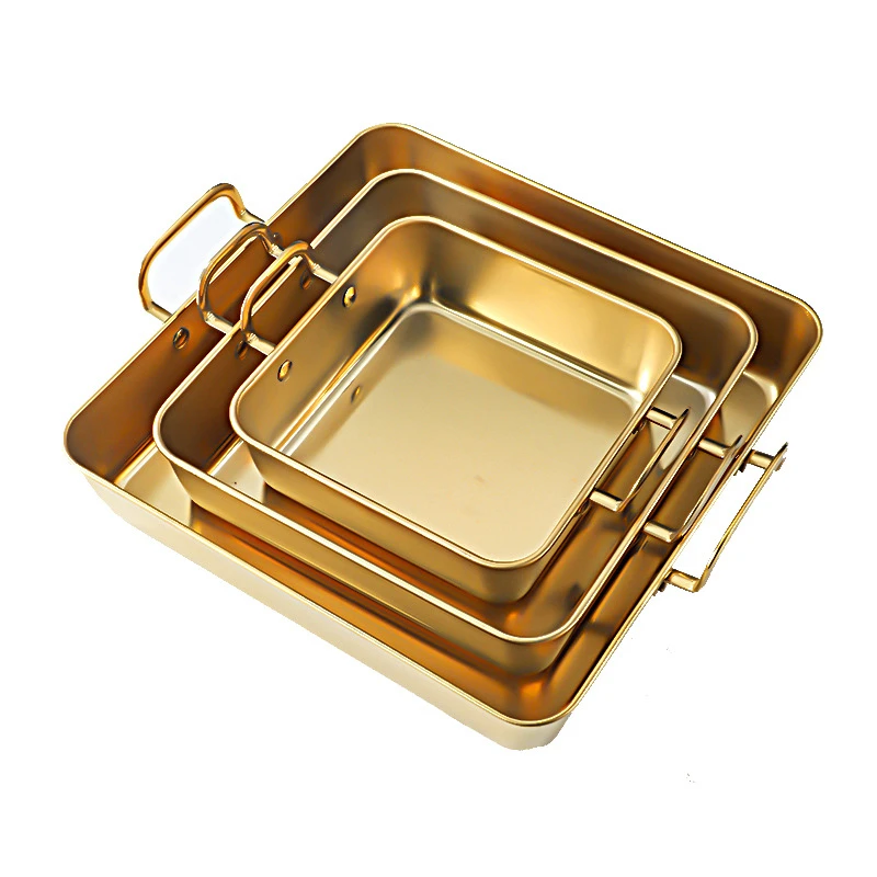 Stainless Steel Square Food Storage Serving Trays with Handle Tiramisu Snack Pan Kitchen Fruit Vegetable Plate BBQ Flat Dish