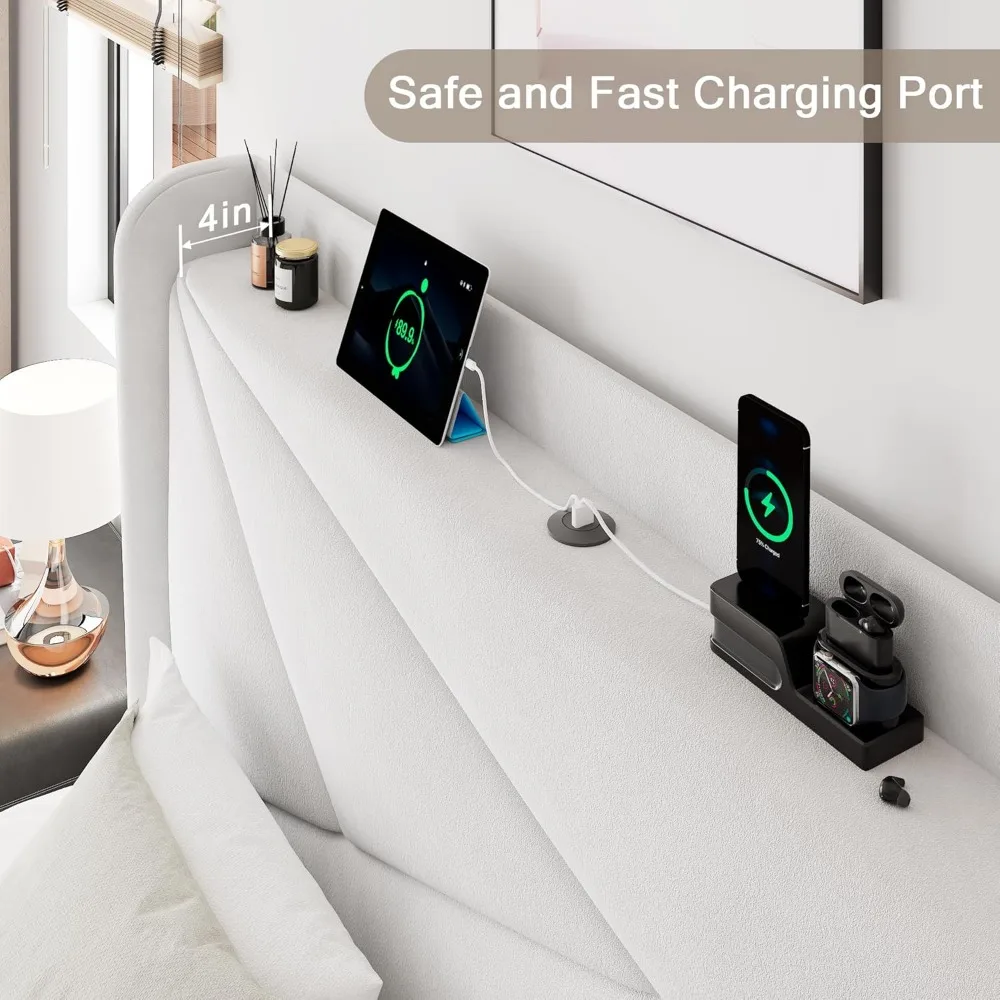 إطار سرير بحجم كوين مع لوح رأسي منجد، ومحطة تخزين وشحن، ودعم شريحة خشبية #4