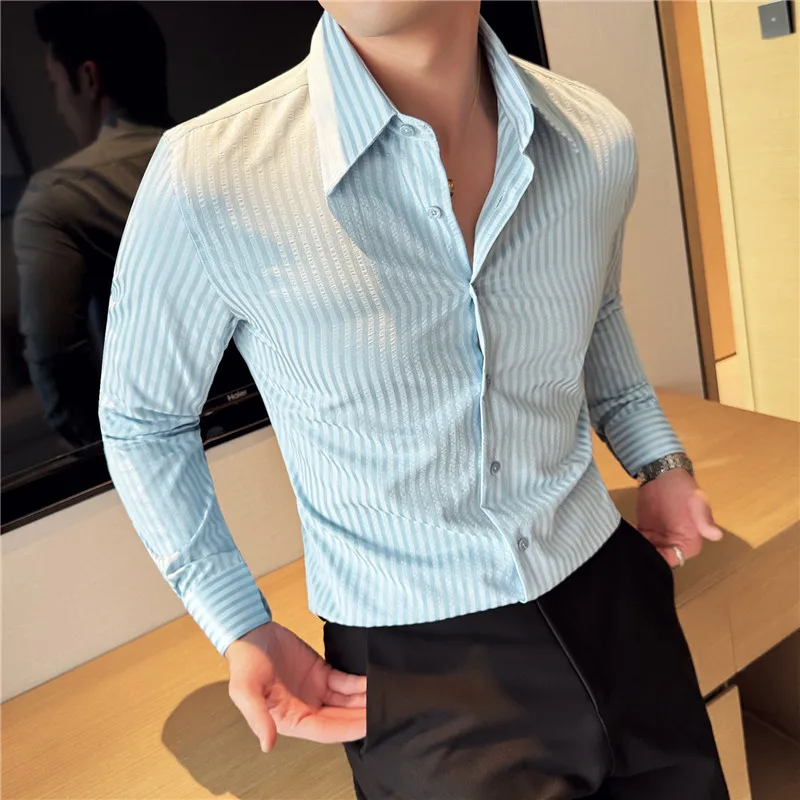 High Quality Long Sleeve Shirt Men's 3d Dark Pattern Vertical Stripe Stretch Buersucker Cotton Shirt Green Men Clothes Spring