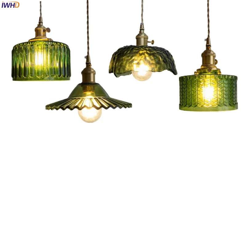 

IWHD Green Glass LED Pendant Lamps For Bedroom Bathroom Living Room Home Lighting Japan Vintage Copper Hanging Light Luminaire