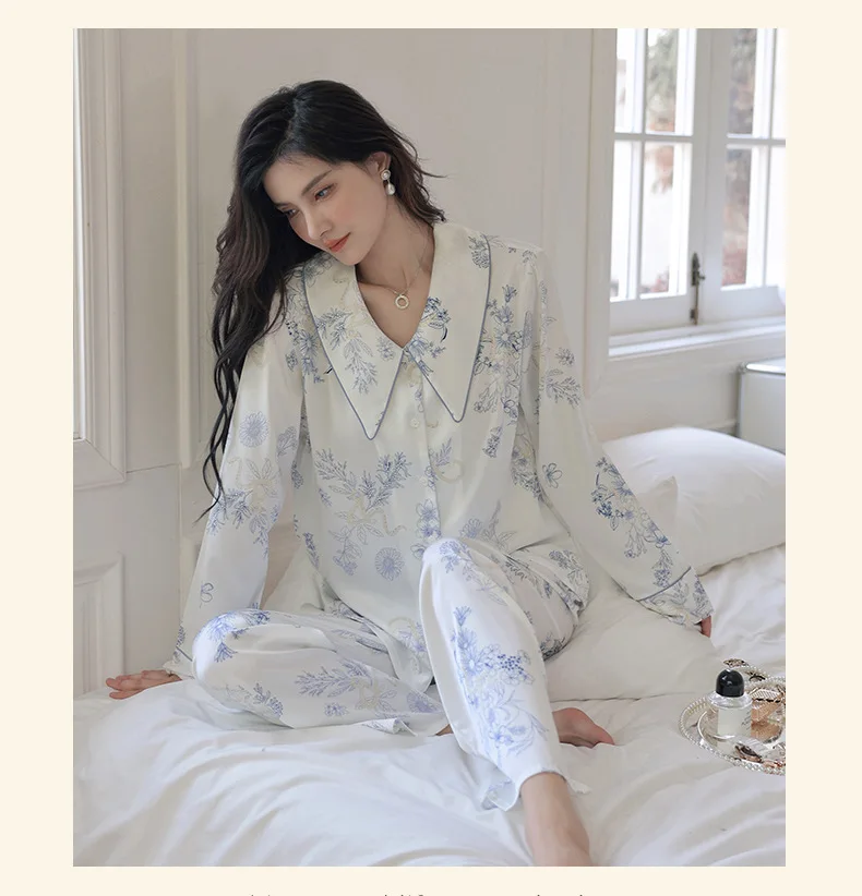 New Silk Satin Sleepwear Women Fresh Blue White Pajamas Set Spring Summer Home Clothes Long Sleeve Pant Suit Pyjama Femme