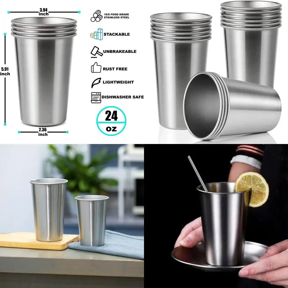 Juego de 16 vasos de pinta de acero inoxidable de 24 oz, vasos de metal duraderos y apilables