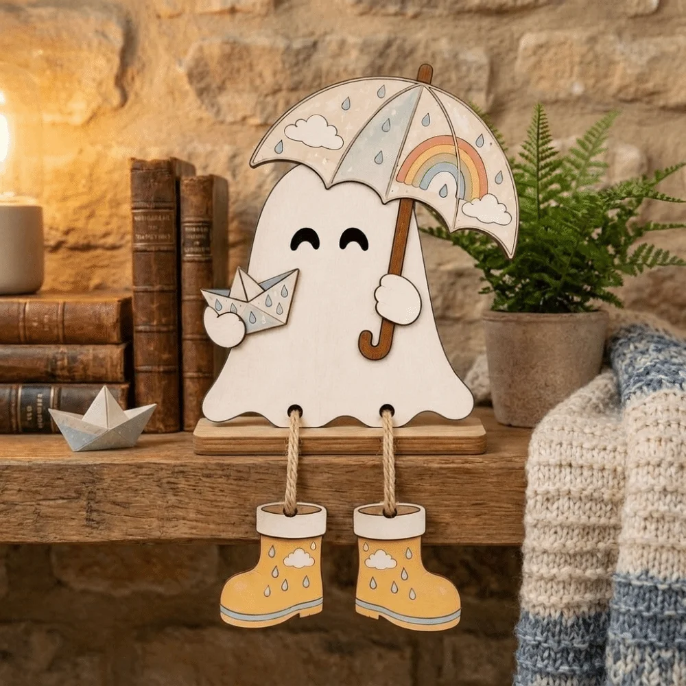 Fun Shape Halloween Wooden Ghost Signs 2D Flat Handmade Ghost Figure Tabletop Sign Rustic Decorative 2D Flat Ghost Sign