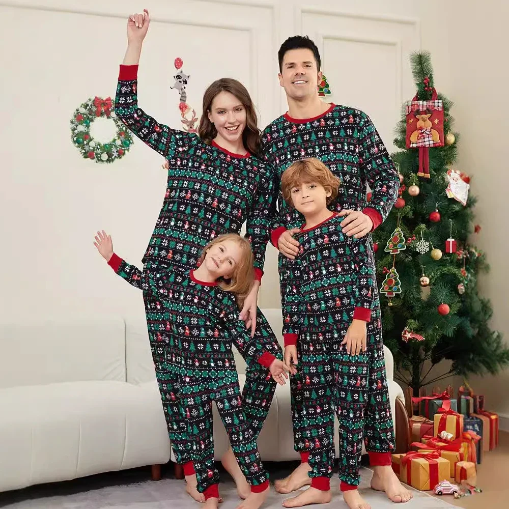 2024 Winter Christmas Family Matching Clothes Cartoon Allover Print Casual Soft Lounge-wear Parent-child Pajamas Set Xmas Gift