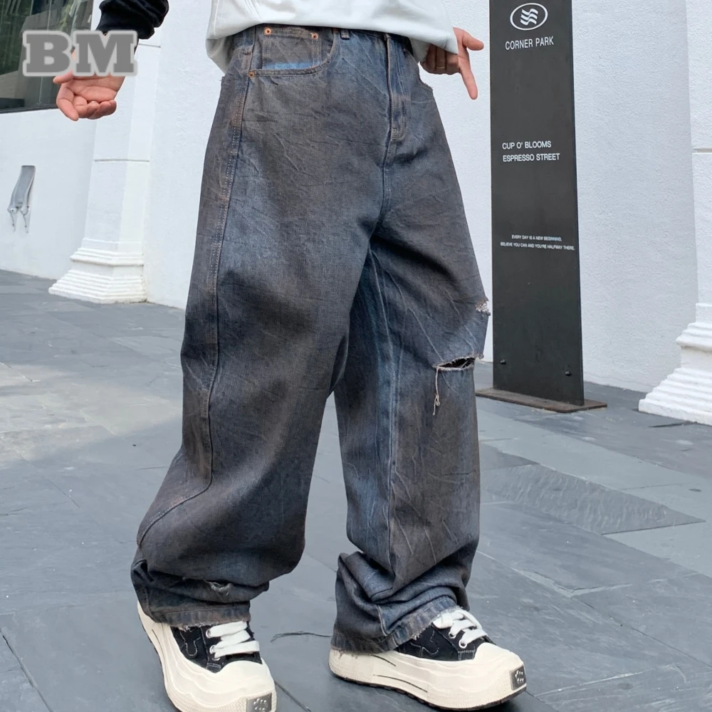 

‌ Корейская уличная одежда, потертые мешковатые джинсы для мужчин, рваные потертые джинсовые брюки в стиле хип-хоп, прямые многослойные брюки высокого качества