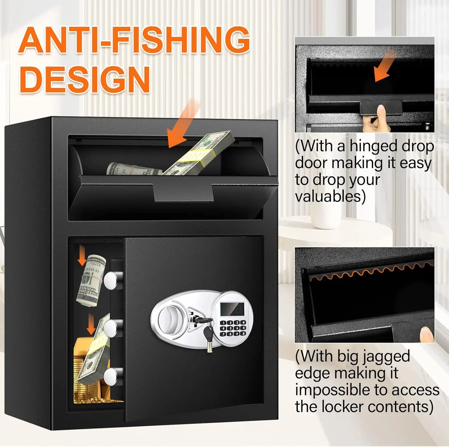 2.8 Cuft Depository Safe with Drop Slot, Anti-Theft Cash Drop Safe with Digital Keypad, Heavy Duty Drop Slot Safes with LCD Disp