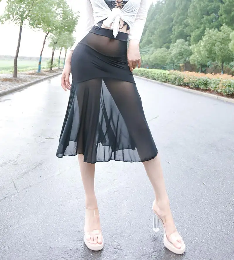 Women Lady Sexy Skirt Temptation Customized High Waist Swallowtail Mesh See Through Long Skirt A-line Stylish