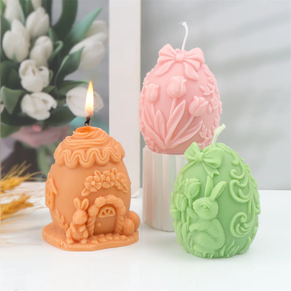

Easter Tulip Rabbit Egg-shaped Candle Silicone Mold Morning Glory Rabbit House Plaster Resin Mold Aromatherapy Candle Making Kit
