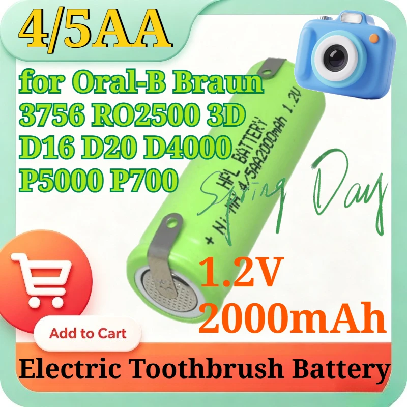 Batería de Repuesto Ni-MH 4/5AA 1.2V 2.0Ah para Cepillo de Dientes Eléctrico Oral-B Braun 3756 RO2500 3D D16 D20 D4000 P5000 P700