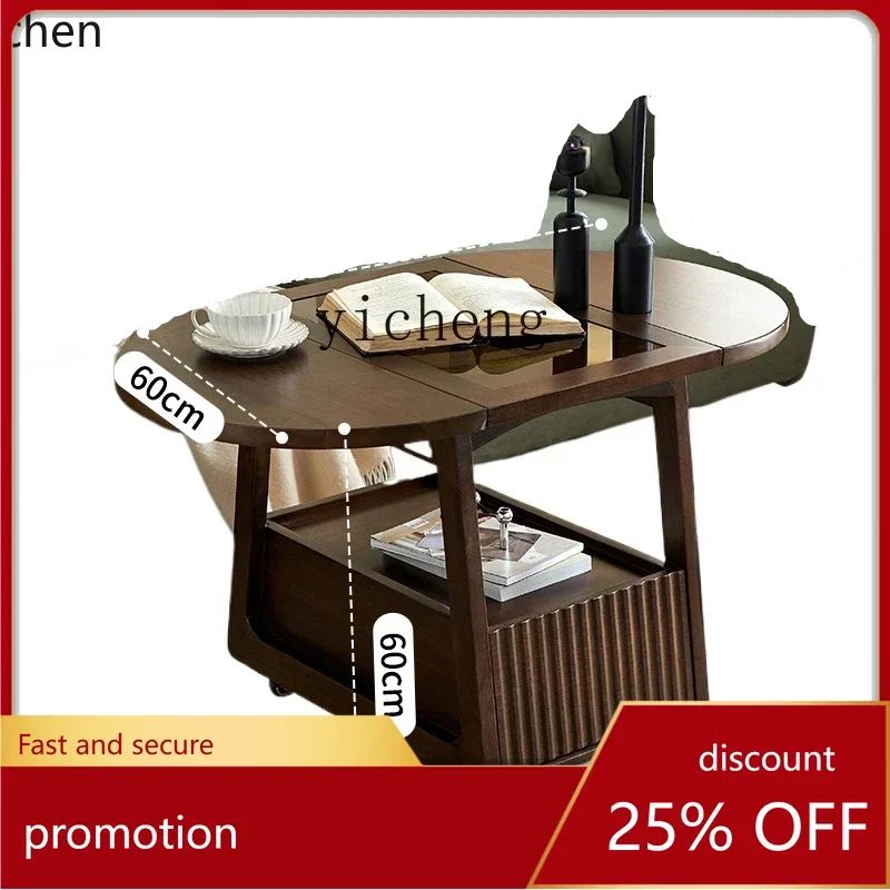 

ZML solid wood living room sofa movable side table folding coffee table with wheels multi-functional side cabinet