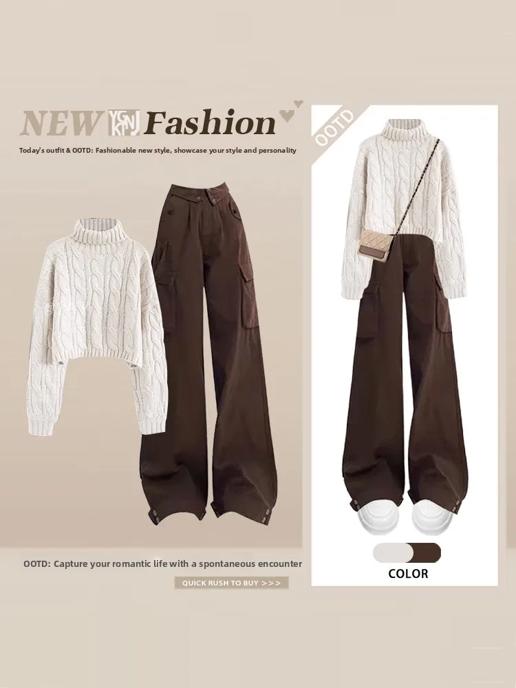 

Корейский вязаный свитер в стиле Lazy Sle и брюки с высокой талией и широкими штанинами, женский комплект больших размеров, свободный крой, модный двухсоставный комплект