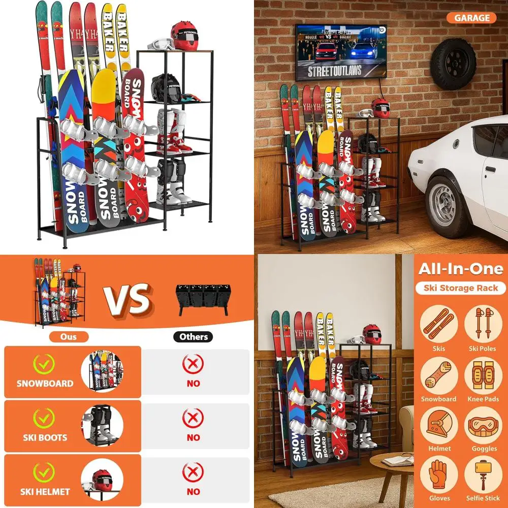 

Garage Ski and Snowboard Storage Rack with 4 Skis, 3 Snowboards, Boot, Pole, and Goggle Holders