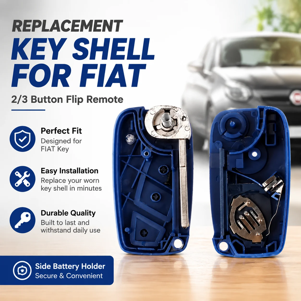 Replacement Key Shell for Fiat 2/3 Button Flip Remote, Durable Outer Casing with Side Battery Holder, Replace Worn Key Fob Cover