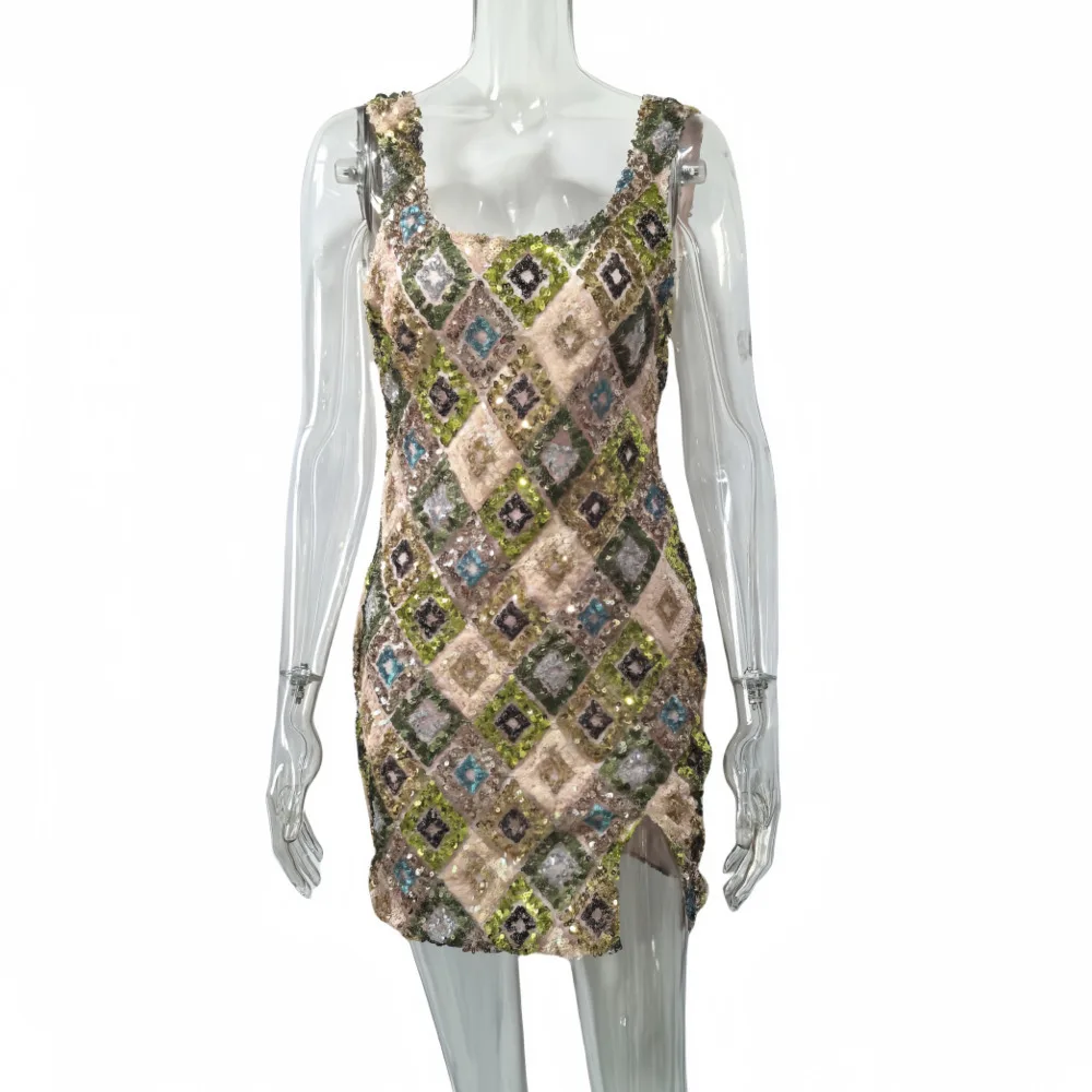 Mozision veelkleurig patroon pailletten sexy mini-jurk damesmode vierkante kraag mouwloos backless glitter club feestjurken - afbeelding 2