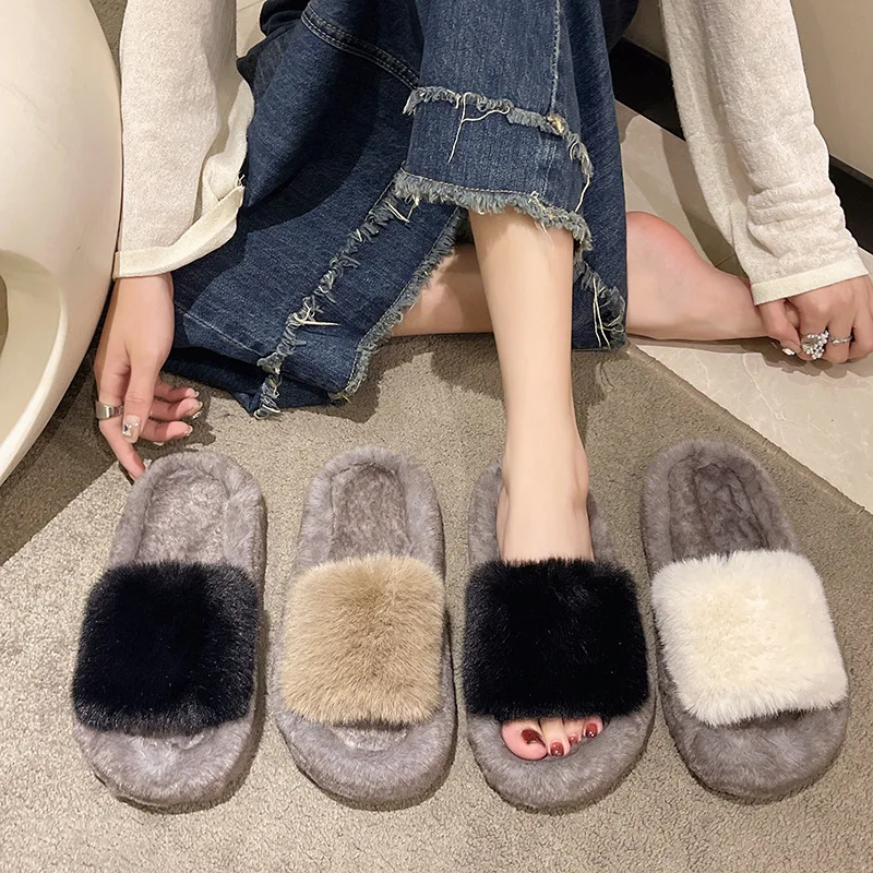 Fury slippers for women wearing fashionable oversized home insulation upper, otter rabbit hair slippers for Women