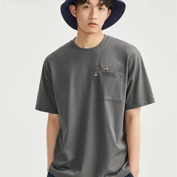 새로운 남성 짧은 소매 티셔츠 퓨어 코튼 니트 베어 자수 라운드 넥 루즈 피트 탑 허드슨 01023439