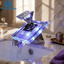 Luxury led light for tap Deck Mount bathroom taps Waterfall Basin Faucet Glass Spout Mixer Tap Chrome Single Hole/Handle faucet