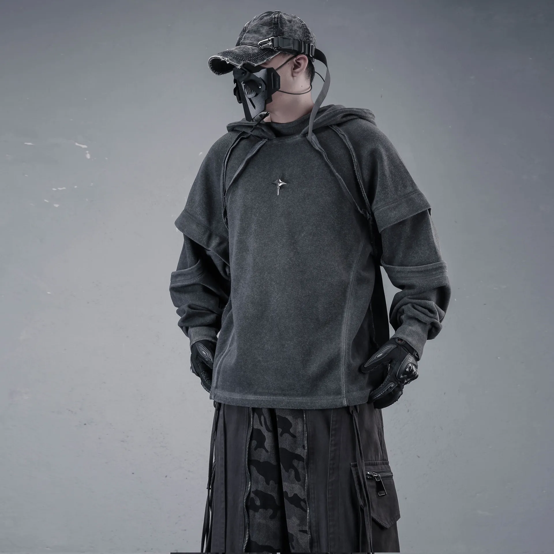 Designer Wasteland Style Split Stitching Distressed Fried Dyeing Hooded Sweater Men's American Retro Distressed Fashion Hoodie