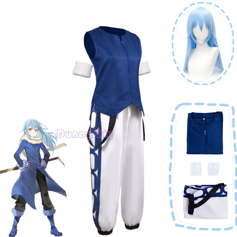 Rimuru disfraz de Cosplay, peluca de Anime, camisa azul, pantalones, uniforme, accesorios para el cabello