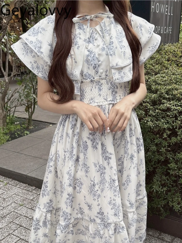 Japonês doce dupla camada lapela estilo capa vestido de renda verão novo de cintura alta magro-ajuste impresso polka-dot vestidos longos