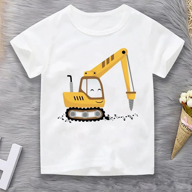 Excavator Bulldozer Toy Family Round Neck Printed T-shirt Short Sleeve Children Girl Kids Clothes
