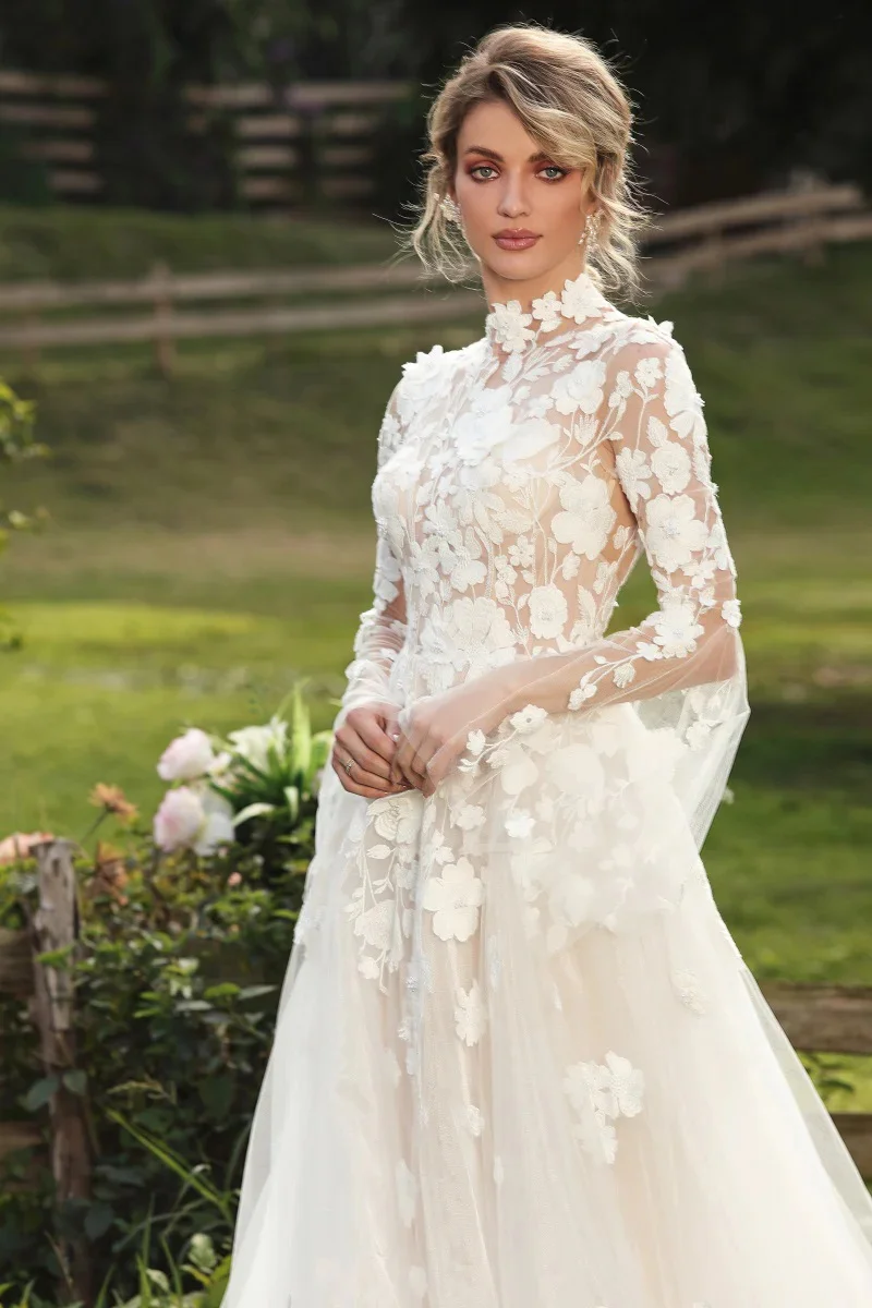 Vintage High Neck Full Sleeves 3d Lace Applique Tulle A Line Wedding Dresses Cut Back Sweep Train Custom Made 2025 Rode De Morri