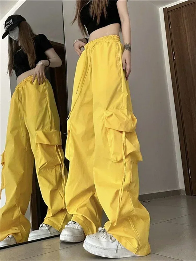 QWEEK-pantalones Cargo Y2K para mujer, ropa de calle de Hip Hop, color negro, de paracaídas, de gran tamaño, moda coreana, de pierna ancha, color